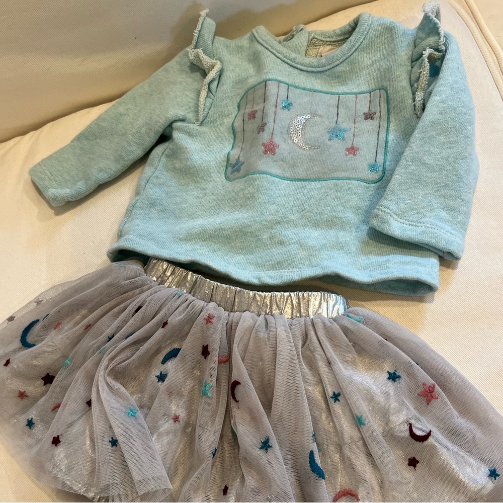 Peek Aren’t You Curious moon and stars sweatshirt/skirt